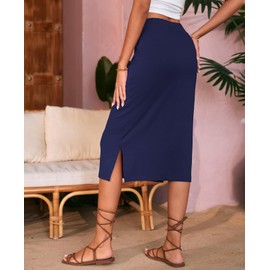 Naggoo Women's Midi Skirt Casual High Waisted Basic Long Skirts with Slit Navy M