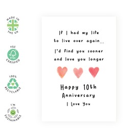 Romantic 10 Years Anniversary Card For Him Her - '10th Anni Love You Longer' - Gifts for Babe, Girlfriend, Boyfriend, Husband, Wife, Spouse - Sweet Message - Comes with Fun Stickers