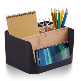 Schreibtisch Organizer, 5 Fächer Holz Schreibtischorganizer, Tisch- Büro- Kosmetik- Organizer mit Abnehmbar Fächer, Aufbewahrungsbox Desk Organizer für Stifte, Haftnotizen (Schwarz), 17.5*13*9.6 cm