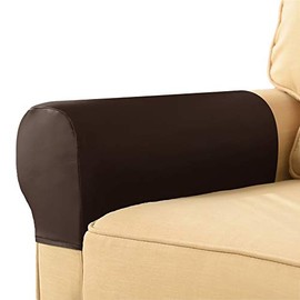 XMNTG Set of 2 Stretch Armrest Covers PU Leather Dark Brown Arm Covers Waterproof Anti-Slip Furniture Protector Armrest Covers for Sofa Chairs Recliner Sofa Couch (Dark Brown)