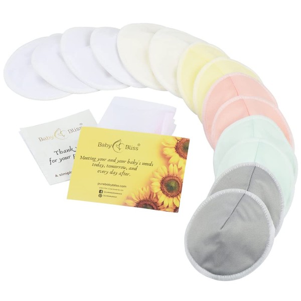 Bamboo Viscose Nursing Pads - 14 Washable Pads with Wash and Storage Bags - Breastfeeding Nipple Pads for Maternity - Reusable Breast Pads for Breastfeeding (4-Layers, Pastel Touch, XL 5.5”)