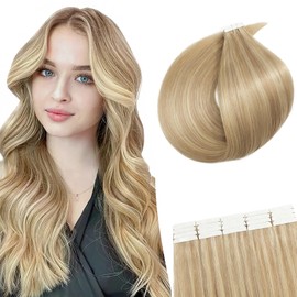 SEGOHAIR 10Pcs Human Hair Tape in Extensions,18"Thin Tape Hair Extensions with 5pcs Replacement Tape Light Honey Blonde with Pale Blonden 15g