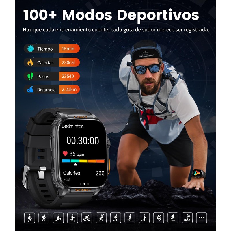 ESFOE Reloj Inteligente Hombre,1.91" HD Smartwatch con LED Linterna, Llamadas