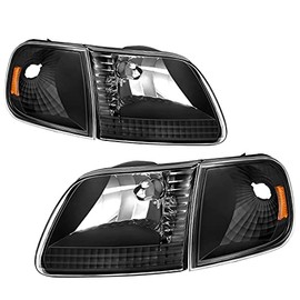 AUTOSAVER88 Headlight Assembly Compatible with 97-03 Ford F-150/97-02 Ford Expedition Pickup Headlamp Replacement Black Housing Amber Reflector