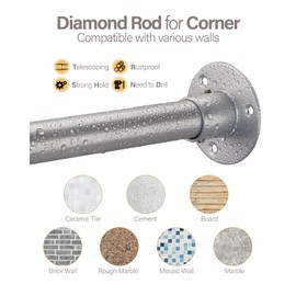 Crkmire Corner Shower Curtain Rod, Diamond Shaped [Both Sides: 22" - 34.8", Middle: 28" - 43.7"] Adjustable Bathroom Bathtub Shower Rod with 12 Hooks & Ceiling Support - Silver Gray