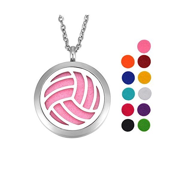 Volleyball Essential Oil Diffuser Necklace Stainless Steel Locket Pendant with 24" Chain 11 Refill Pads