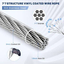 CGBOOM Wire Rope 2 mm, 50 m Stainless Steel Cable Coated, 304 Stainless Steel with 20 Thimbles and 20 Pieces Crimp Sleeves for Trellis, Light Hanging, Fence, Curtain Rope, Shower Curtain Rope,