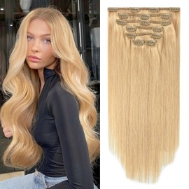 Aison Clip in Hair Extensions 100% Remy Human Hair 27 Honey Blonde 7A 70G/7Pcs Soft Silky Straight 16clips for Women(22 Inch #27)