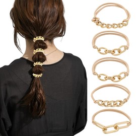 5 Pack Gold Hair Ties Double Rope Elastic Hair Tie Bracelets for Women No Damage Hairs Cuffs Gold Bracelet Hair Ties for Women and Girls