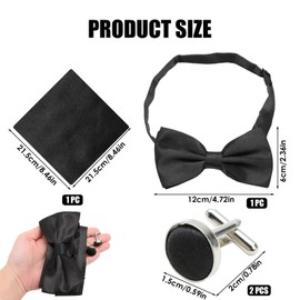 Men's Bow Tie Set,Classic Black Pre-Tied Bow Tie and Handkerchiefs for Men Cotton,Pocket Square Cufflink Set for Men Suitable for Dress Shirt and Tuxedo Wedding Formal Bow Tie Wedding Party