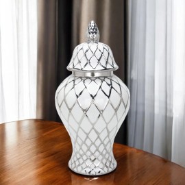 Homeroots 17" White and Silver Ceramic Geometric Round Ginger Jar