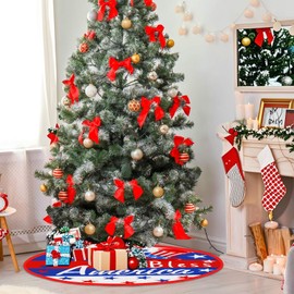 4th of July Patriotic God Bless America Christmas Tree Skirt 30 Inch Independence Day Tree Skirts for Christmas Party Holiday All Occasions