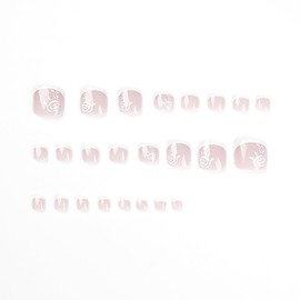 White French Tip Press on Toenails Flower Fake Toenails Short Square False Toenails Summer Glue on Toenails Glossy Full Cover Acrylic Toe Nails Cute Short Stick on Toenails for Women, 24Pcs