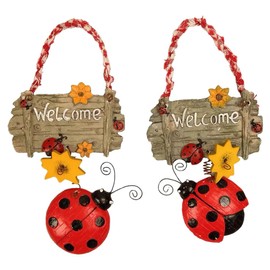 Pack of 2 Ladybird Welcome Sign, Ladybird Welcome Sign Wreath Decoration, Wreath Decoration, Home Accessories, Hanging Ladybird Resin Door Wreath