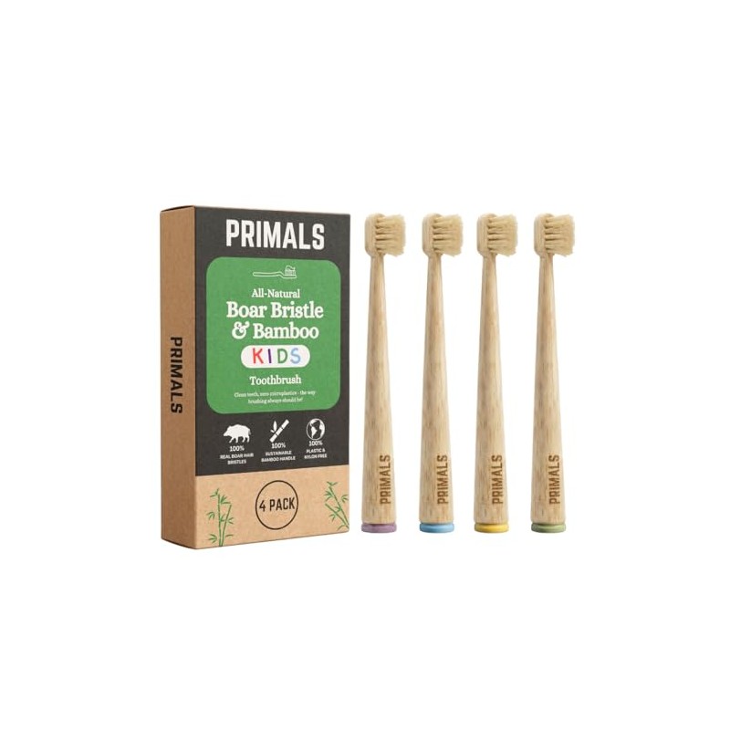 PRIMALS Kids Boar Bristle & Bamboo Toothbrush (4-Pack) - Healthy