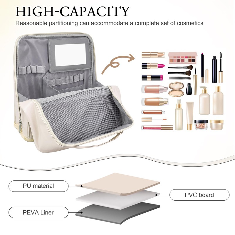 KYNUG 2025 Standing Makeup Bag Waterproof, PU Makeup Organizer with