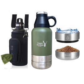 Green stainless steel outdoor portable dog water bottle and insulated flask with detachable bowls and multifunctional lid for long walks, days out and travel - 32oz/910ml