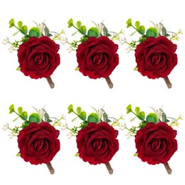 Gvhntk Red Rose Boutonniere for Men Wedding Set of 6 Groom Groomsmen Best Man Artificial Flowers Boutonniere for Wedding Ceremony Anniversary Prom Flowers Formal Dinner Party (6, Red, Middle)