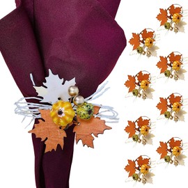 Thanksgiving Fall Themed Napkin Rings - Harvest Maple Wood & Pumpkin Cloth Napkin Holder for Table Setting - Fall Banquet, Thanksgivin, Christmas or Wedding Table Decor (6pc, Harvest Wood)