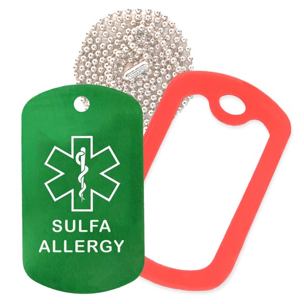 Sulfa Allergy Medical Alert ID Necklace with Green Tag, Red Silencer, and 30'' USA Chain - 154 Color Choices