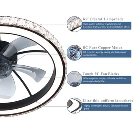 Aipsun Low Profile Modern Crystal Chandelier Ceiling Fans with Lights and Remote, 3000K-6500K Smart Bladeless LED Fan, 18" Black Modern Ceiling Fans with Lights for Bedroom