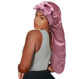 Satin Silk Bonnet Hair Cap: Long Bonnets with Elastic Tie Band Adjustable Straps Jumbo Size Sleep for Sleeping Comfortable - Stretchy Tie Band Bonnets for Women Long Braid Curly Hair No Slip-Off