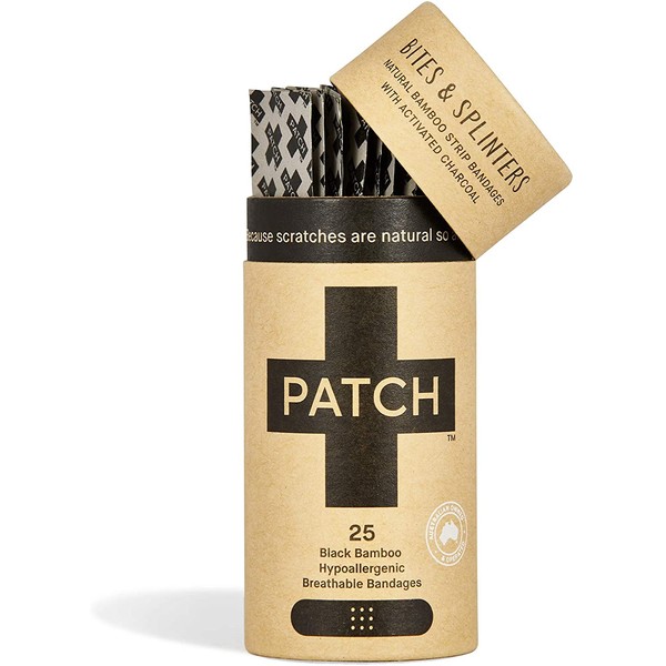PATCH Eco-Friendly Bamboo Bandages for Bites & Splinters Hypoallergenic Wound Care for Sensitive Skin Compostable, Biodegradable, Latex Free, Plastic Free, Zero Waste, Activated Charcoal, 25ct