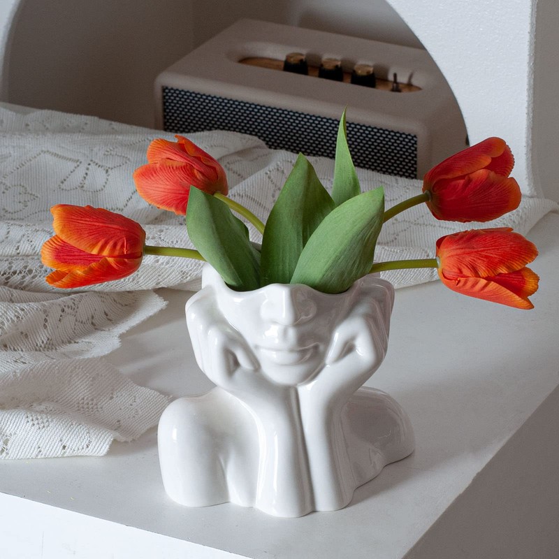 Joynisy White Ceramic Face Vase Set of 2, Female Form