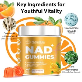 Suplemento de gomitas NAD+, resveratrol y ribósido de nicotinamida, antienvejecimiento, energía y enfoque, sabor naranja, vegano, sin azúcar, 60 unida
