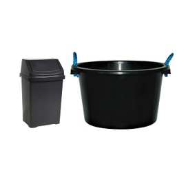 Set of 2-8L Swing Bin Midnight Grey/Dark Grey High Grade Flip Top Waste bin With 42L Black Heavy Duty Plaster Mixing Cement Muck Water Tub/Bucket With Rope Handles