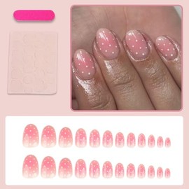 Uñas postizas de lunares, ovaladas, cortas, con pegamento, color rosa nude, ombré, cobertura total, acrílicas brillantes, uñas postizas, uñas adhesiva
