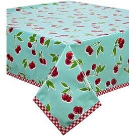 Freckled Sage Cherry Aqua Oilcloth Tablecloth with Red Gingham Trim You Pick The Size