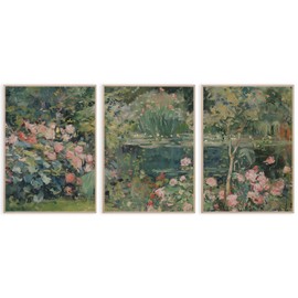 Farmhouse Abstract Landscape Wall Art Vintage Oil Painting Prints Vintage Spring Wildflower Wall Art Impressionist Garden Pond Floral Wall Art Set of 3 for Living Room Bedroom Home 12x16 Inch Unframed