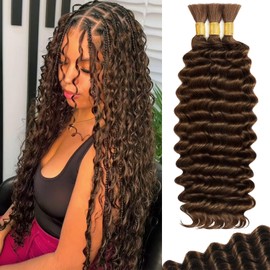 Human Braiding Hair for Boho Braids 110g 24 Inch Deep Wave Boho Bulk Human Hair for Braiding Knotless 12A Wet and Wavy Bohemian 3 No Weft Bundles/Pack Curly Braids Brown