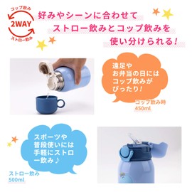 Bunnytoo Children's Water Bottle, 2-Way Straw Bottle, Vacuum Insulated, Heat Retention, 15.7 fl oz (450 ml) / 16.9 fl oz (500 ml), Thermos, Kids Bottle, Double Wall Vacuum Construction, Leak Proof,