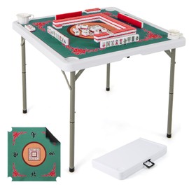 GYMAX Mahjong Table Foldable with Mahjong Mat, 4-Player Square Domino Table w/Cup Holders & Carrying Handle, Anti Slip Noise Reduction for Mahjong, Poker, Card Board Games (Green)