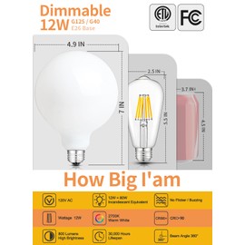 CRLight 5-inch 12W 2700K Opal Dimmable Warm White Large Globe LED Bulb, G125 / G40 Replacement, 80W Equivalent 800LM, Coated Inside White Milky Glass E26 5 Inch Oversize Antique Edison, Smooth Dimming