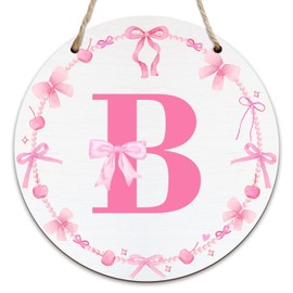 Monogram Round Sign For Front Door, Cherry Bow Theme Sign For Porch Art Wall Door, Initial Signs Hanging Ornament For Indoor Outdoor, Decorations Gifts For Four Seasons Rustic Home Kitchen, B, A02