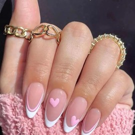 Press on Nails Medium Almond Fake Nails with Pink Heart Designs White French Tip Nails Press ons Glossy Glue on Nails Transparent False Nails Nude Stick on Nails for Women 24Pcs