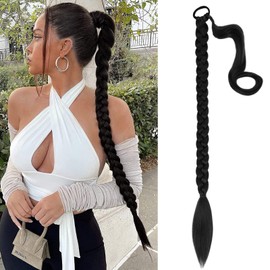 Haolocs Long Braided Black Ponytail Extension with Elastic Tie DIY Straight Wrap Around Hair Braid Ponytail Extension Natural Soft Synthetic Hairpiece for Women Daily Wear 34 Inch (34 Inch(Pack of 1), #1B)
