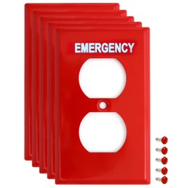 (5 Pack) Emergency Red Outlet Covers, Duplex Receptacle Switch Wall Plate, 1-Gang Standard Size, Heavy Duty, Red Metal, With White Silk-Screened Lettering, Code Compliant, Noticeable