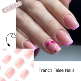 24Pcs Valentines Press on Nails Medium French Tip Fake Nails Love Heart Glue on Nails with Designs Valentines Nails Pink Coffin Nail Tips Full Cover False Nails Valentines Day Acrylic Nails for Women