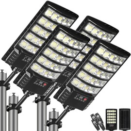 4-Pack Solar Street Lights, 30000lm Outdoor Flood Light with Dual Motion Sensors, Dusk to Dawn, IP66 Waterproof, Solar Powered Parking Lot Light with Remote Control, 6500k Dimmable Security Lamp