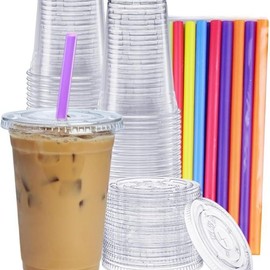 100 Count Clear Cups with Flat Lids & Straws - Disposable Clear Drinking Cups for Iced Coffee, Cold Drinks, Milkshakes, and Smoothies - size: 20 oz.