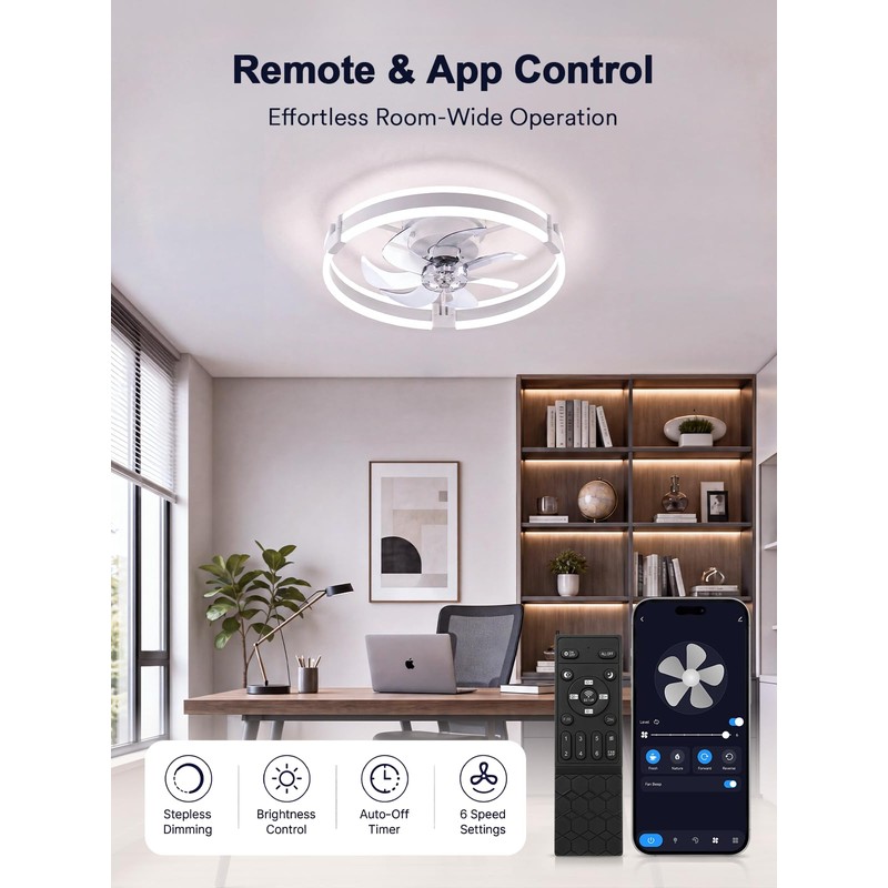 Bladeless Ceiling Fan with Light, 20 Inch Low Profile Flush