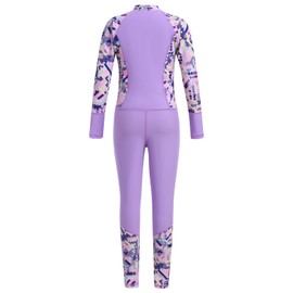 IDOPIP Girls One Piece Swimsuit with Cap Toddler Kids Long Sleeve Rash Guard Full Body Wetsuit Swimsuit Front Zipper Surfing Swimwear Beachwear UPF 50+ Sun Protection Bathing Suit Purple 4-5 Years