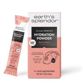 Earth's Splendor Hydration Powder, Sugar Free White Peach | 10 Pack | Single Serving Electrolyte Sticks