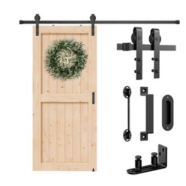 Arti-Life Barn Door Hardware Kit 5FT Heavy Duty Sliding Door Track Kit with Floor Guide and 2 Handles with Lock, Smoothly Hardware Kits for Interior Exterior Fit 28"-30" Wide Panel (J Shape Hanger)