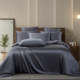 Boqingzhu Bamboo Bed Linen 155 x 220 cm Anthracite Grey Plain Single Bed Luxury Lyocell Silk Bedding Set Duvet Cover with Zip and 2 Pillowcases 80 x 80 cm