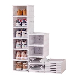 VaNaenic Foldable Shoe Rack,No Assembly Stackable Shoe Storage Box with Doors,Free Standing Plastic Space Saving Shoe Cabinet Bins Dustproof,Folding Shoe Box Organizers (6 Tier-6 Pairs White)